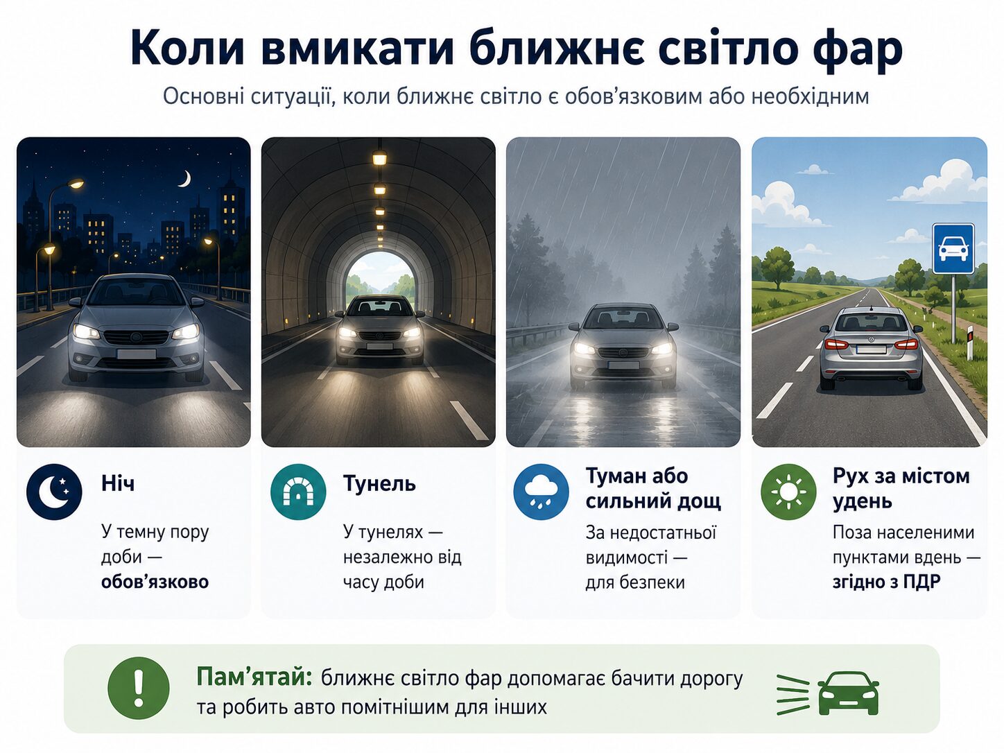 Інфографіка про те, коли вмикати ближнє світло фар