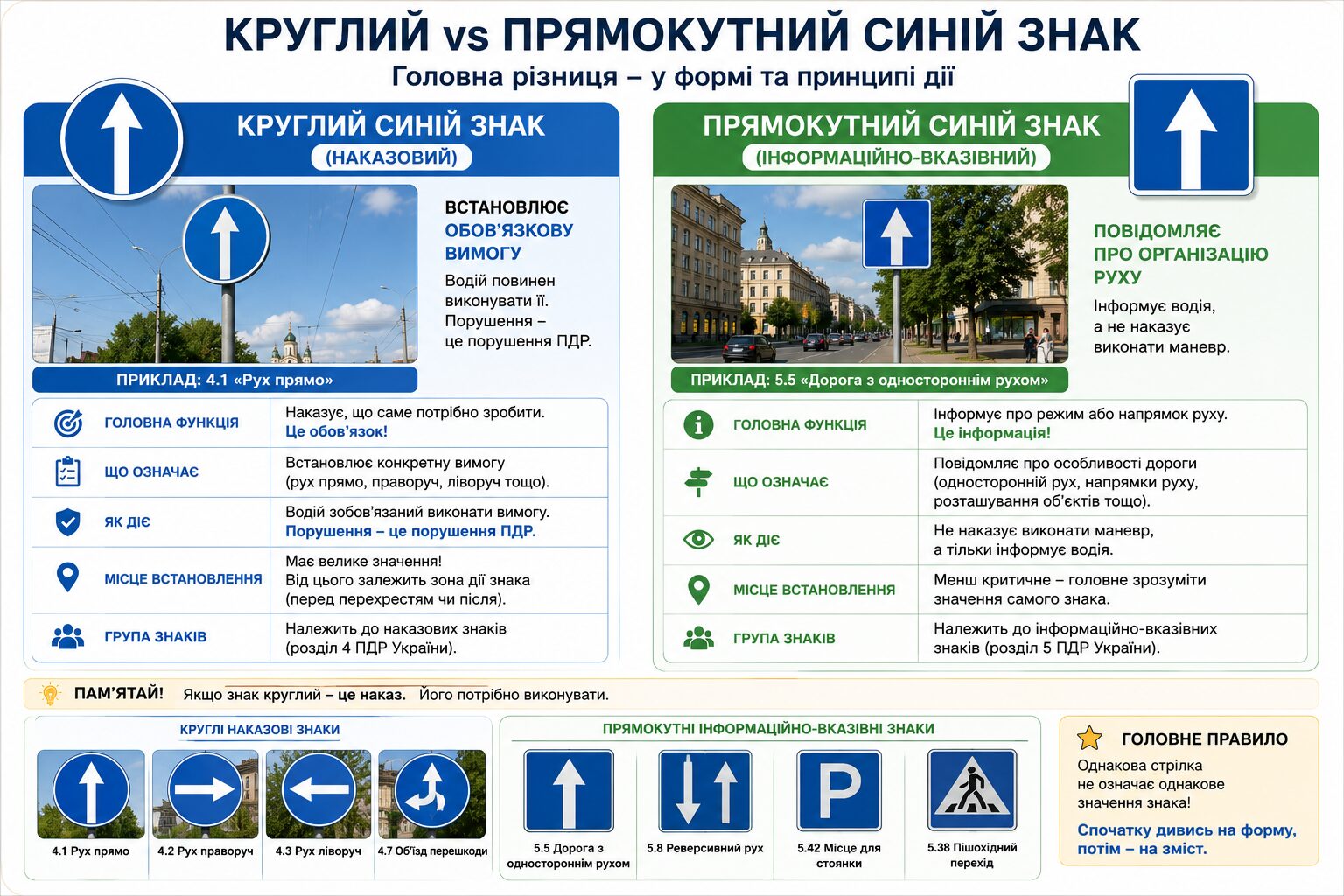 Інфографіка з порівнянням круглого синього знака зі стрілкою та прямокутного синього знака: головні відмінності