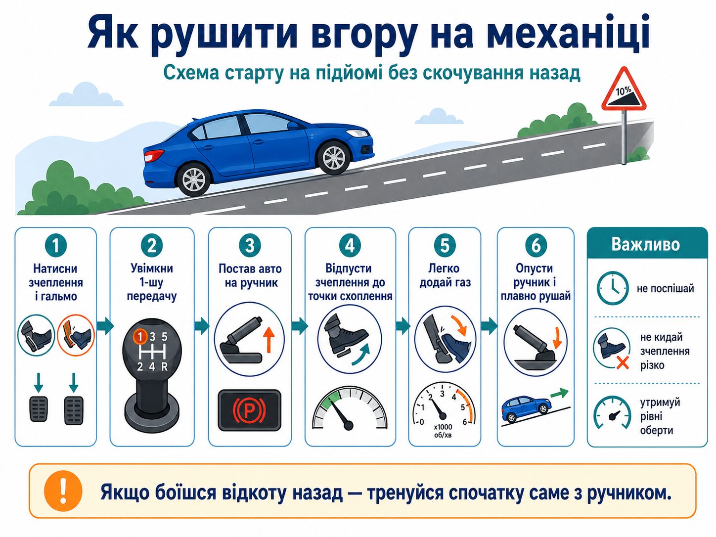 Схема правильного старту вгору на автомобілі з механікою