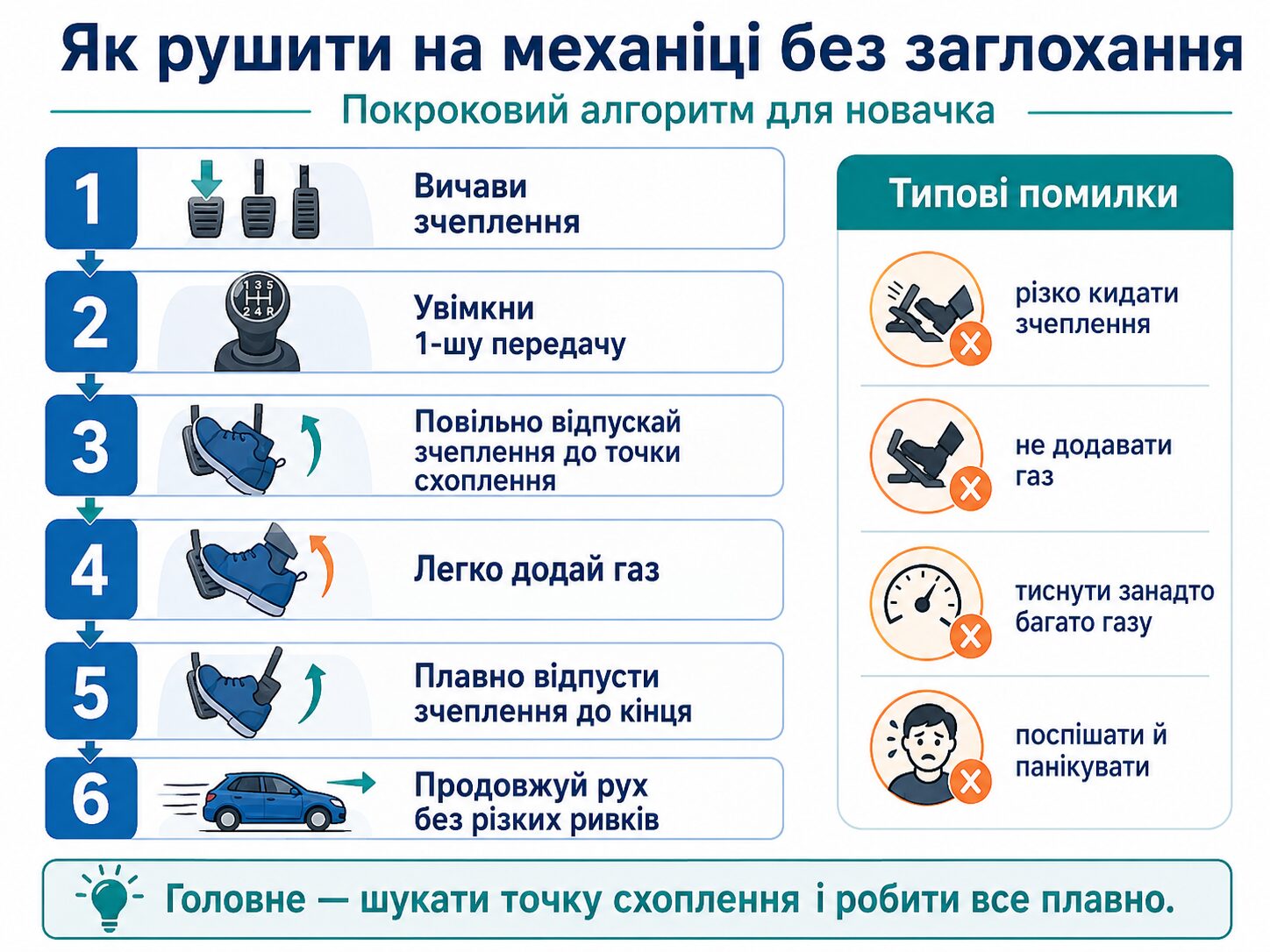 Інфографіка про те, як рушити на механіці й не заглухнути